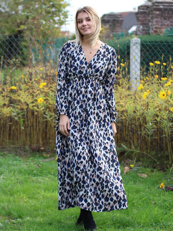 Gabriella - Longue robe motif léopard noir/bleu